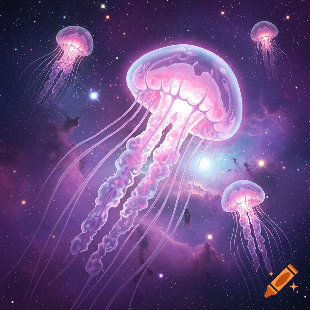 Glowing pink jellyfish float in a purple galaxy full of stars and nebulas.