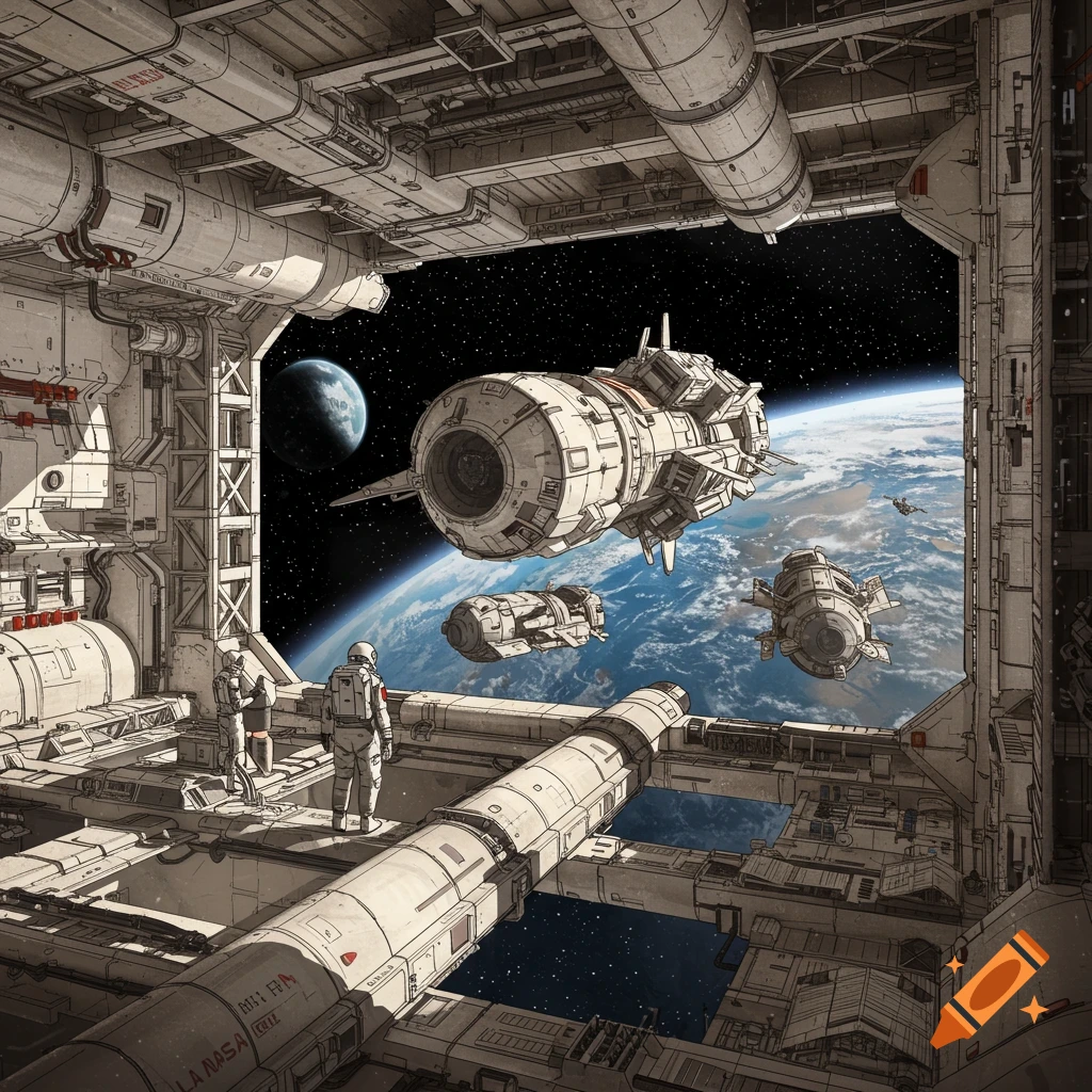 Astronauts look out from a futuristic space station window at Earth and spaceships in orbit, detailed concept art style.