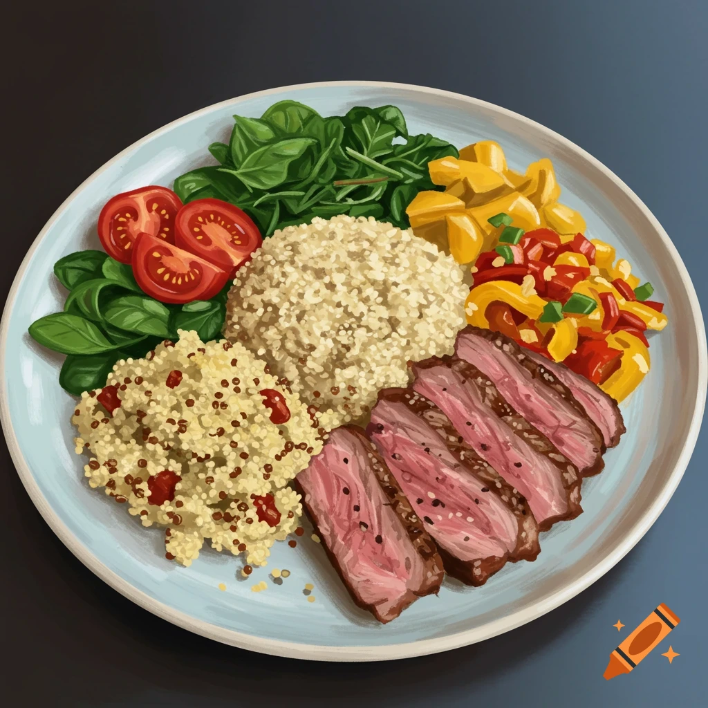 An illustrated plate with sliced steak, quinoa, spinach, tomatoes, peppers, and mango.