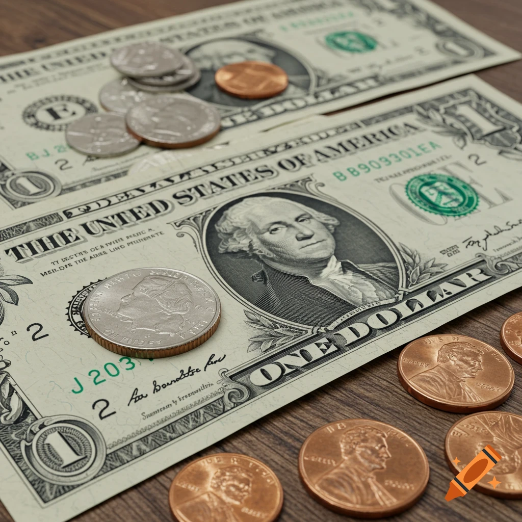 Close-up view of a US dollar bill, coins (quarters and pennies) scattered around it on a wooden surface.