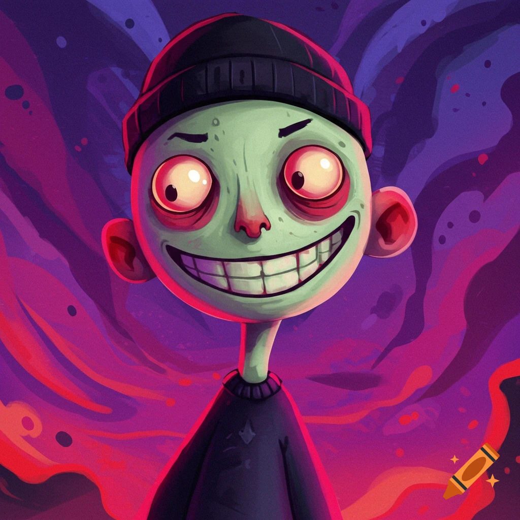 Stylized portrait of a character with light green skin, large red eyes, wide grin, and black beanie against a purple and red background.