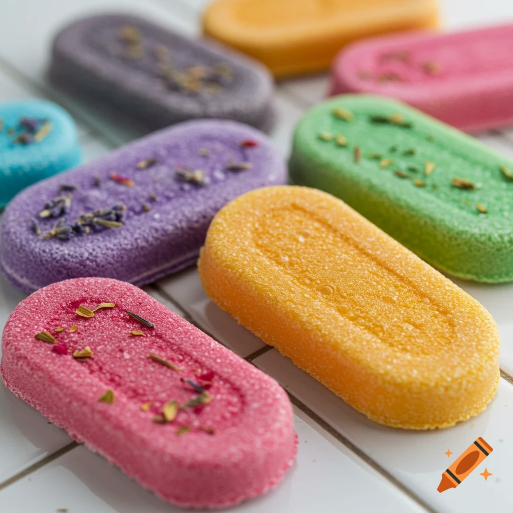 Colorful shower steamers on a tiled surface.