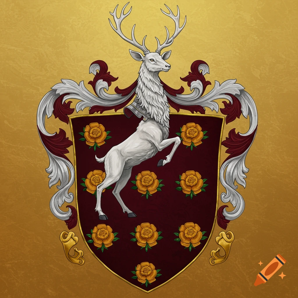 Coat of arms with a white stag on a shield with roses, surrounded by scrollwork.
