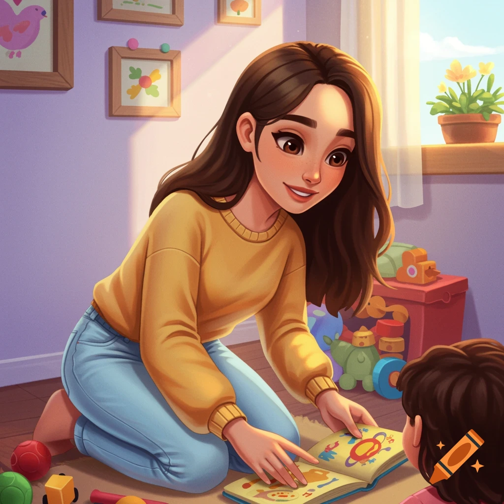 Stylized illustration of a woman reading a book to a child in a playroom.