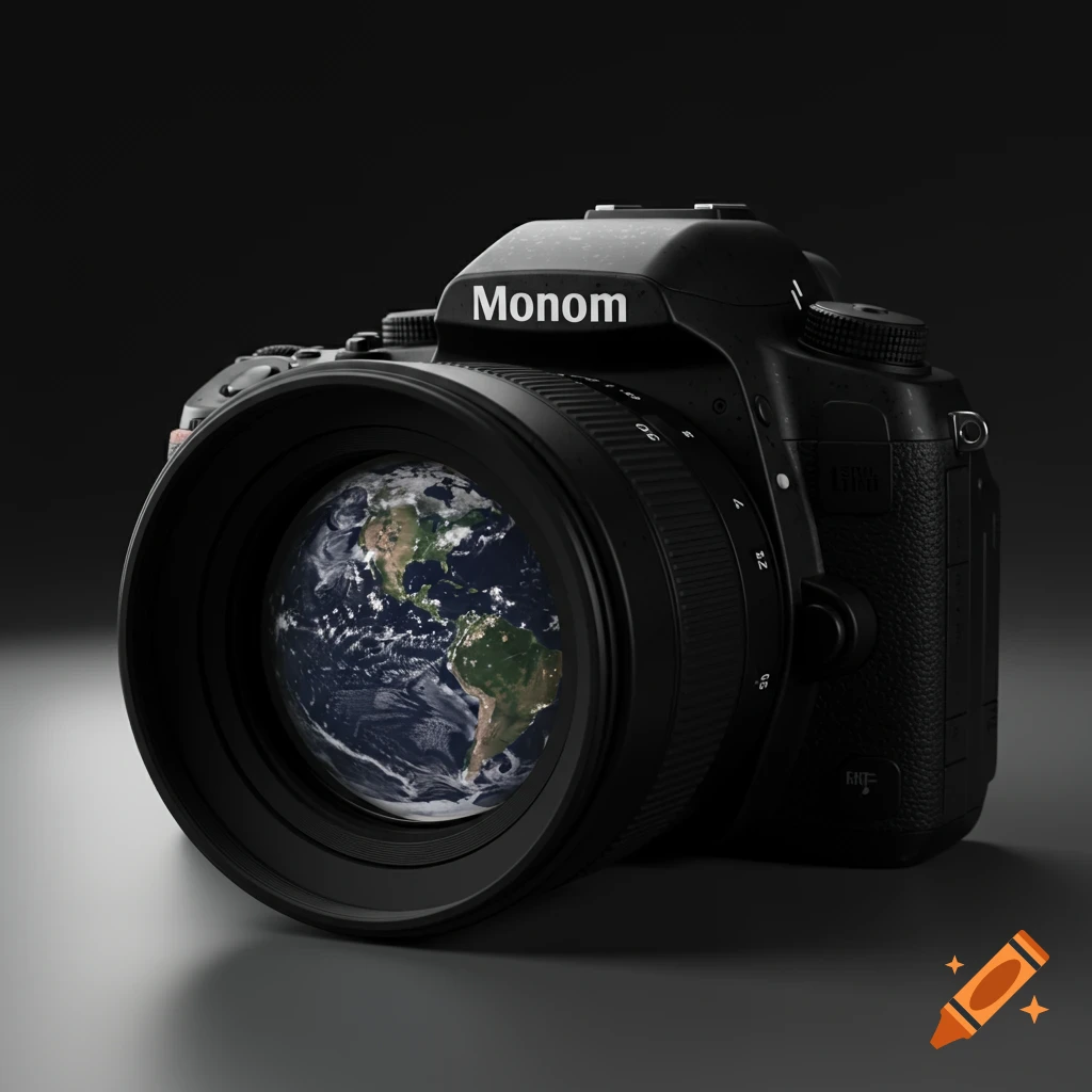 Photorealistic render of a black camera with the planet Earth reflected in its lens.