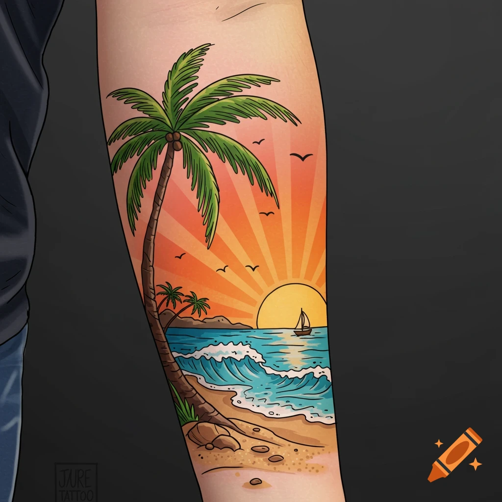 Stylized tattoo of a tropical beach scene with a palm tree, ocean waves, sun, and sailboat on an arm.