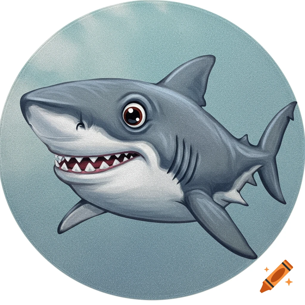 Cartoon illustration of a gray shark with big eyes and sharp teeth in a round format.