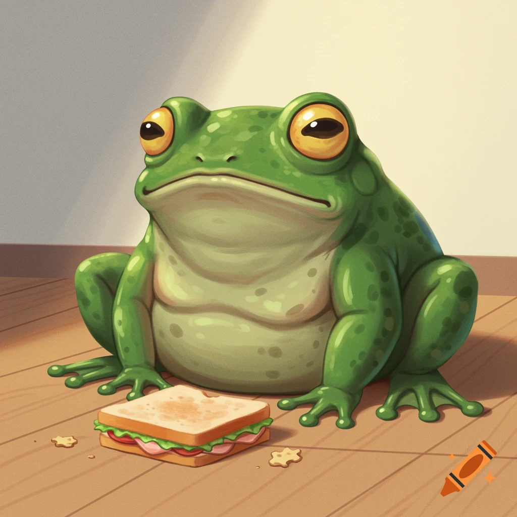 Cartoon illustration of a large green frog looking angry at a dropped sandwich on a wooden floor.