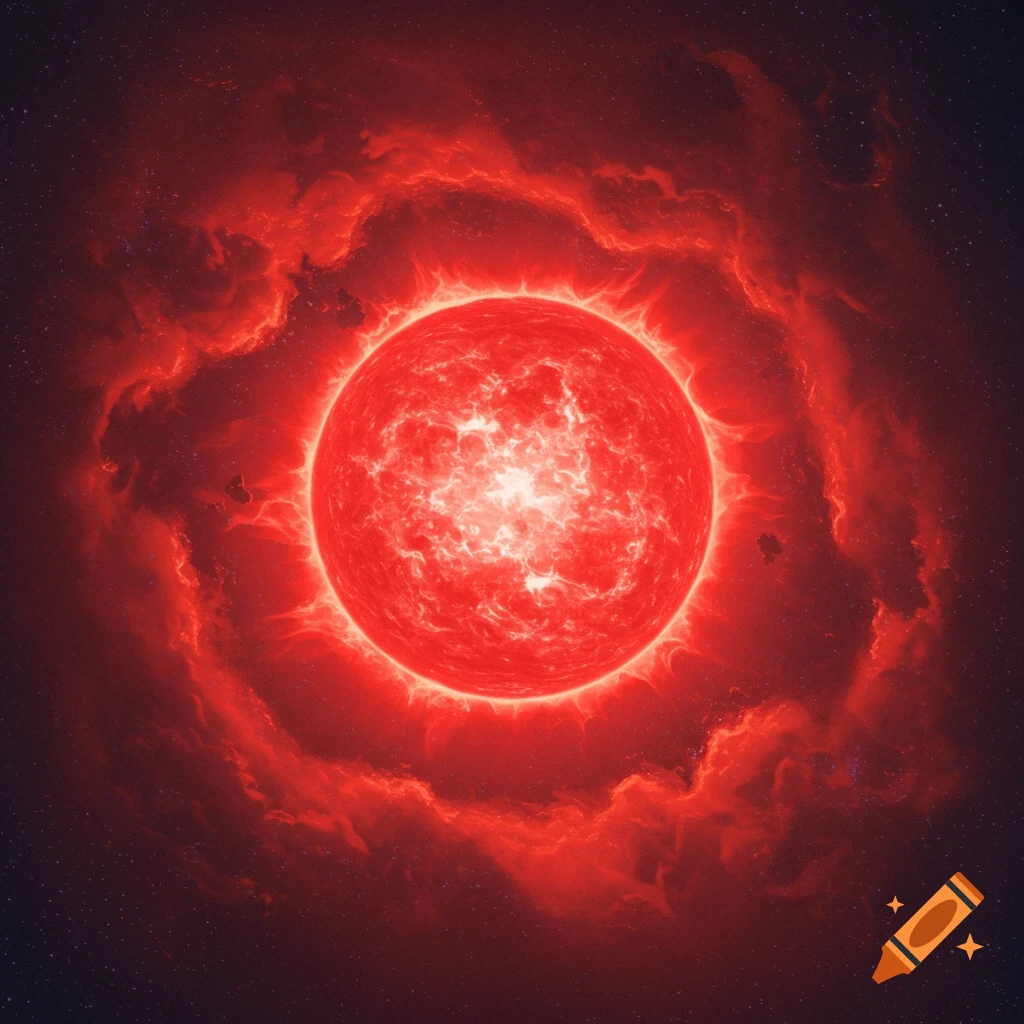 A vibrant red star shines brightly amidst swirling red nebula clouds in deep space.