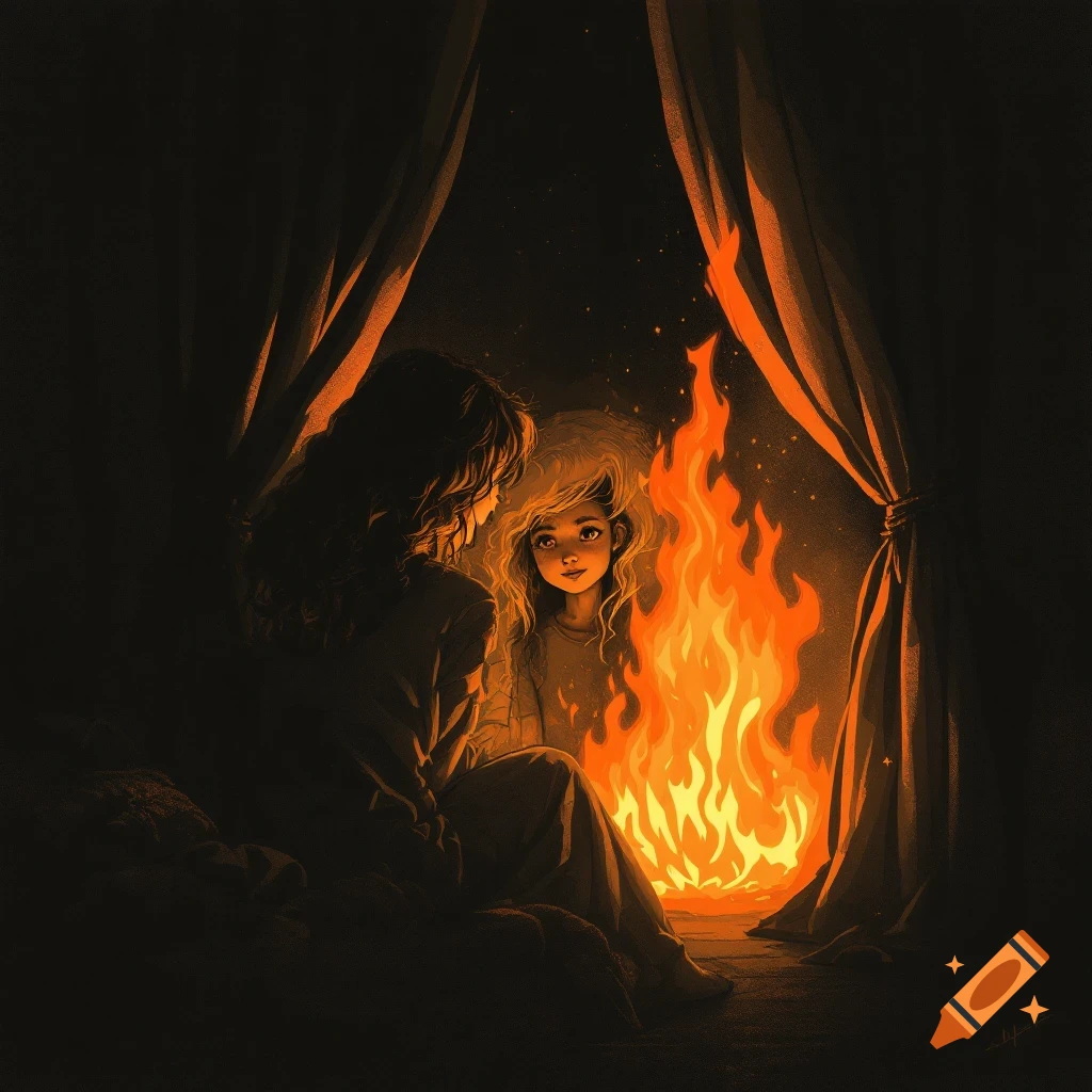Illustration of two people sitting by a large fire inside a tent or room.