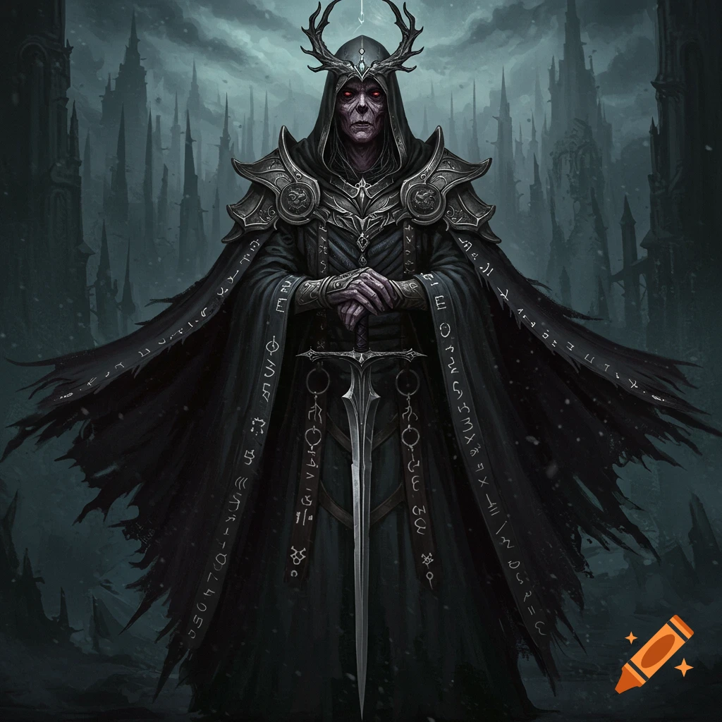 Dark fantasy figure with skull face and antlers in hooded robes, holding a sword, in a gothic city.