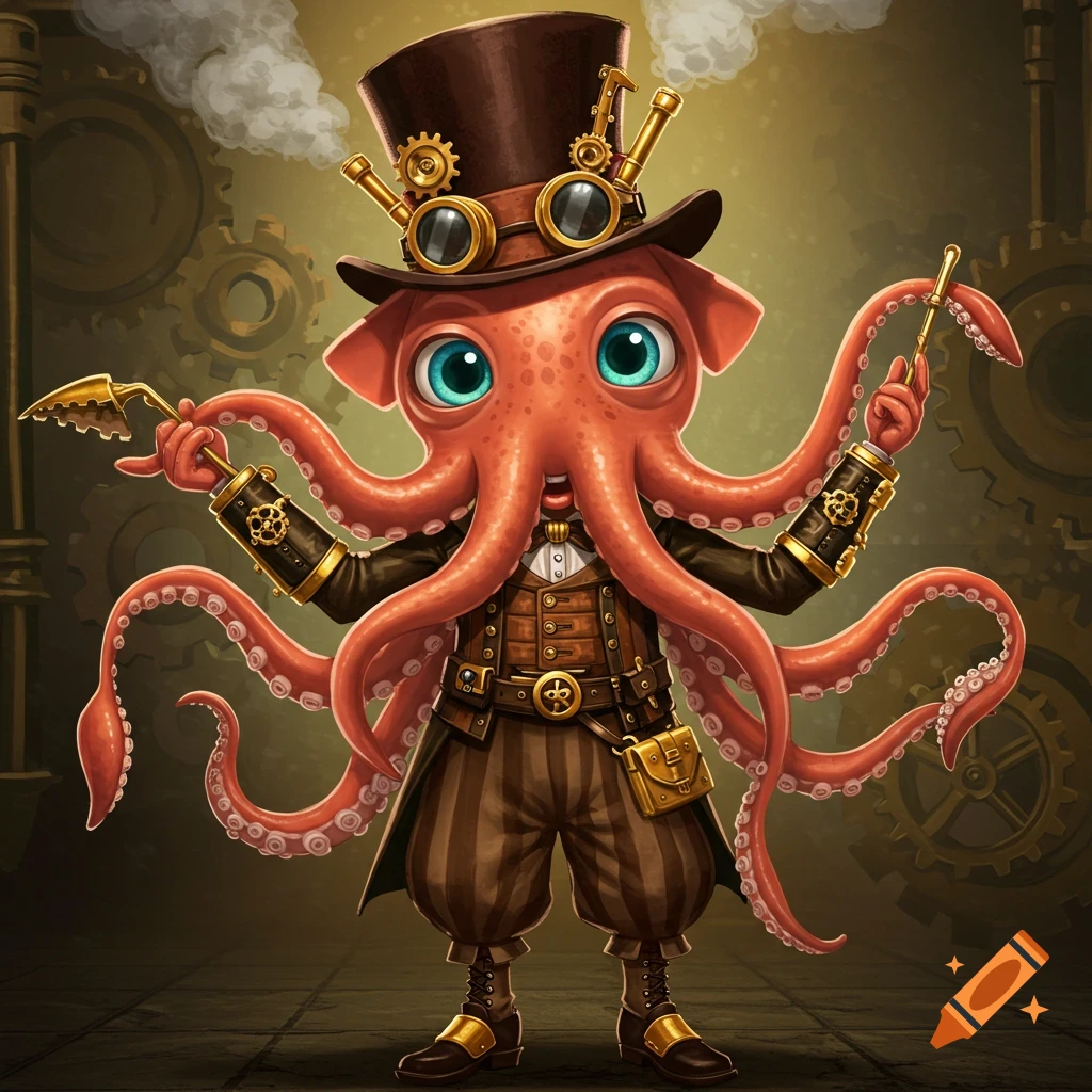 Cartoon steampunk octopus character holding tools in a workshop.