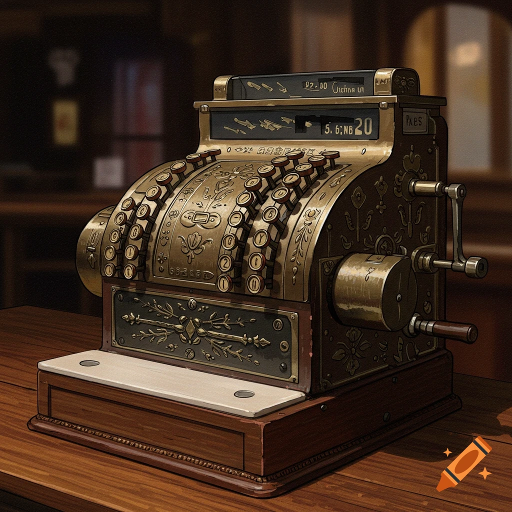 An illustration of a vintage brass cash register sitting on a wooden table.