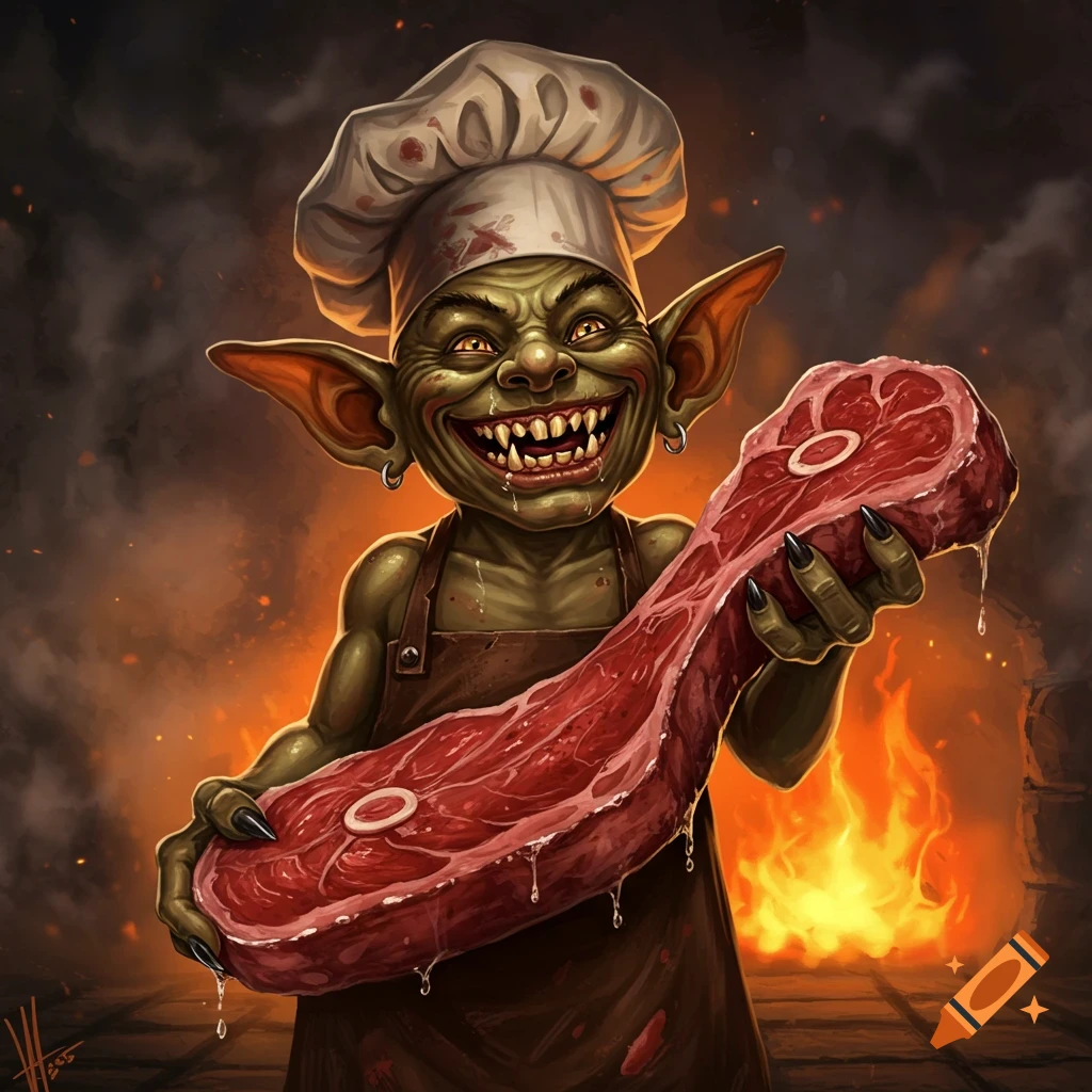 A green goblin in a chef's hat and apron holds a large raw steak in front of a fire. Illustration.
