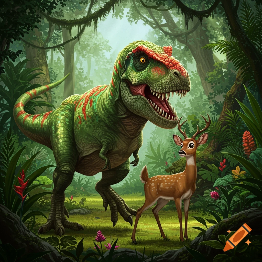 Cartoon T-Rex and a deer in a lush jungle.