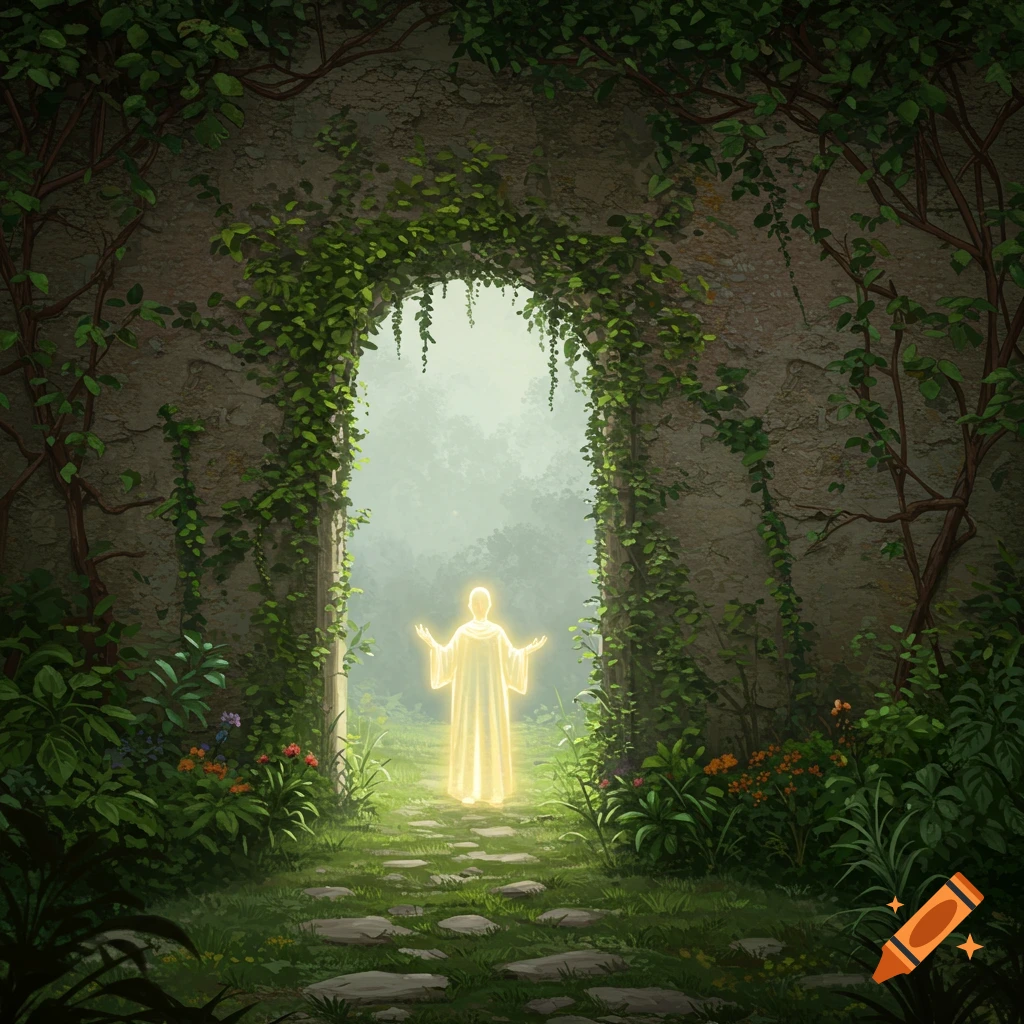 A glowing figure stands in an archway covered in vines, on a stone path in a garden.