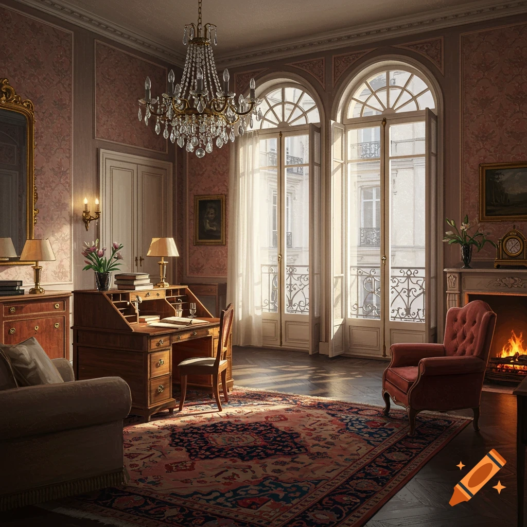 A vintage Parisian apartment interior with a desk, armchair, fireplace, large windows, and a crystal chandelier.