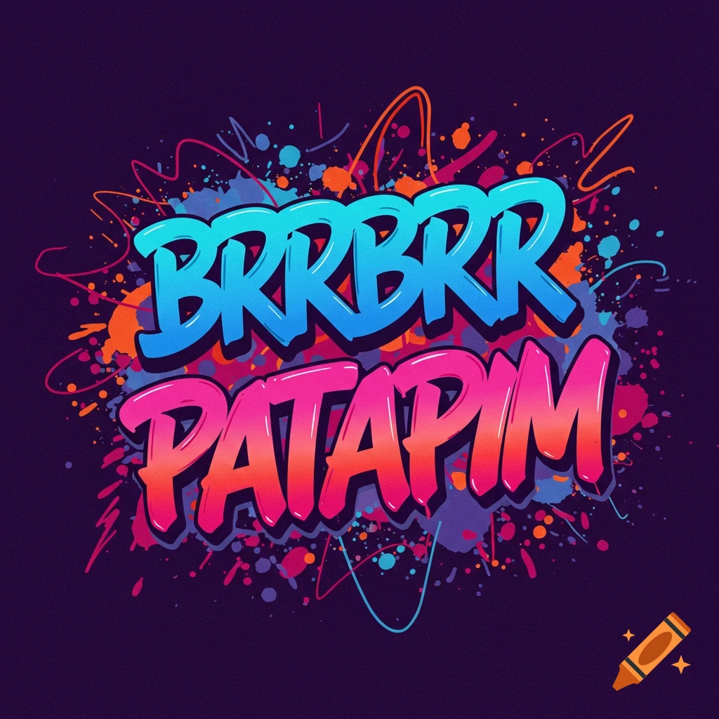 Graffiti text BRRBRR PATAPIM with paint splatters on dark background.