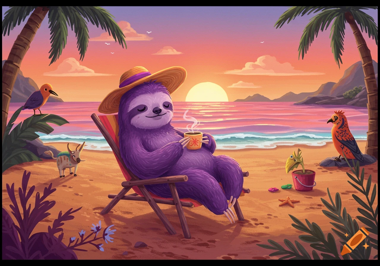 A purple cartoon sloth sits in a beach chair drinking coffee at sunset.