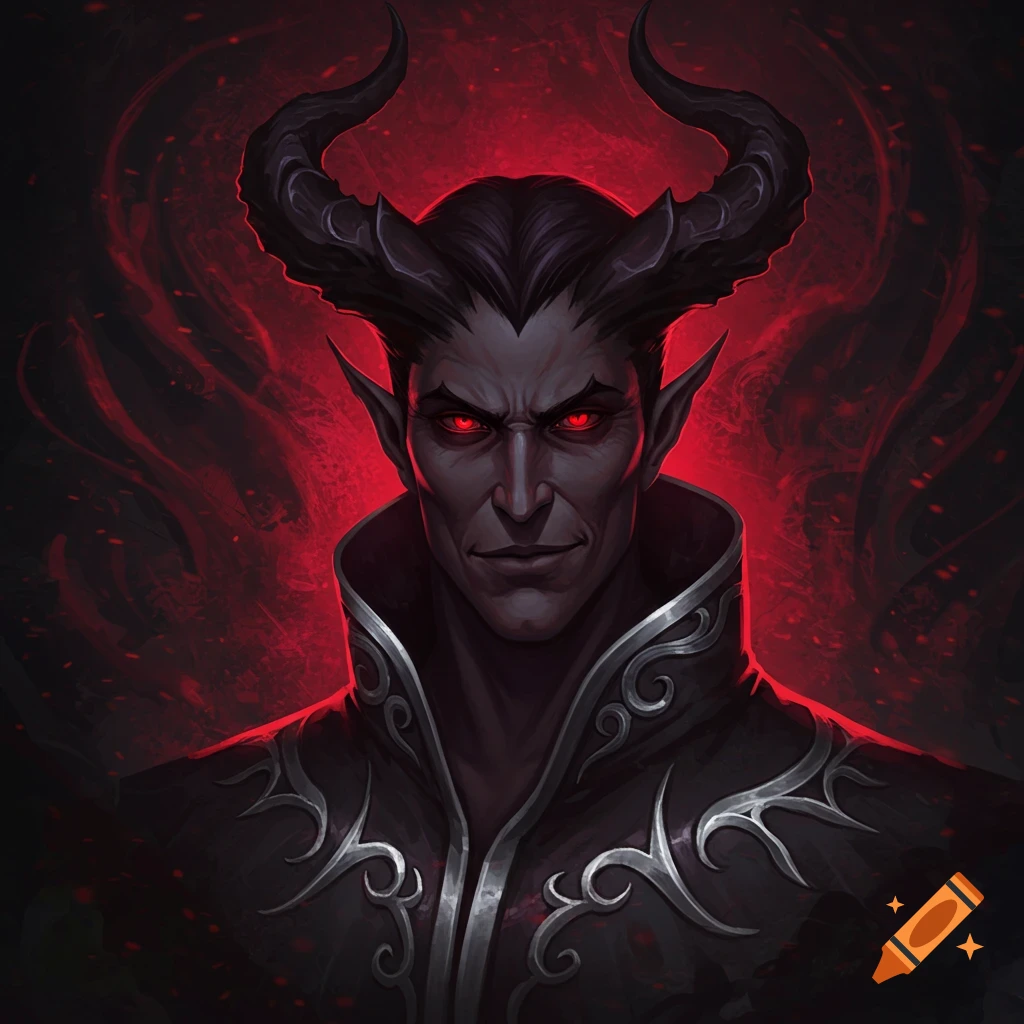 A dark fantasy portrait of a demonic figure with black horns and glowing red eyes.
