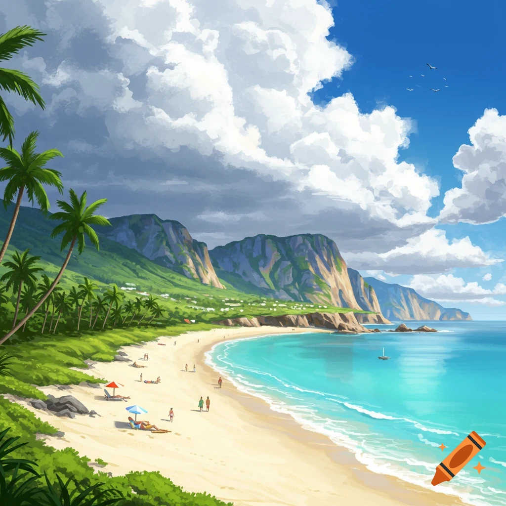 Illustrated sunny beach landscape with palm trees, mountains, blue water, people, and a boat