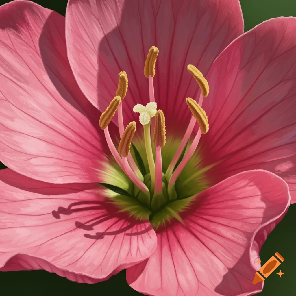 Close-up illustration of a pink flower's center with prominent stamen and pistil.