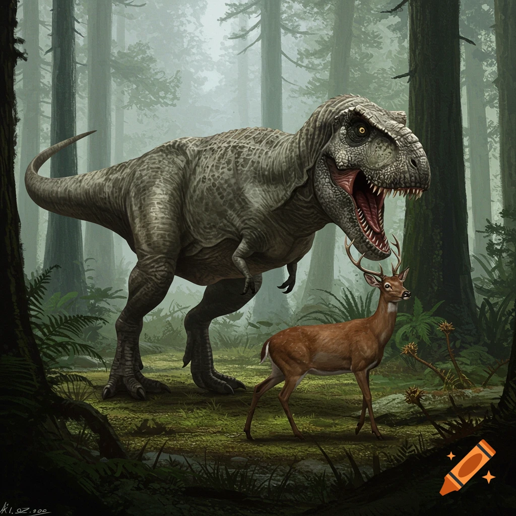 Realistic illustration of a T-Rex in a forest with a deer walking by.