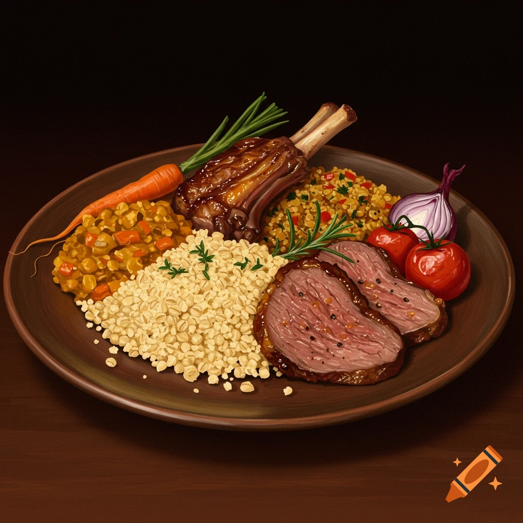 A plate of food with grains, meat (lamb shank and sliced steak), carrots, lentil stew, tomatoes, and red onion.