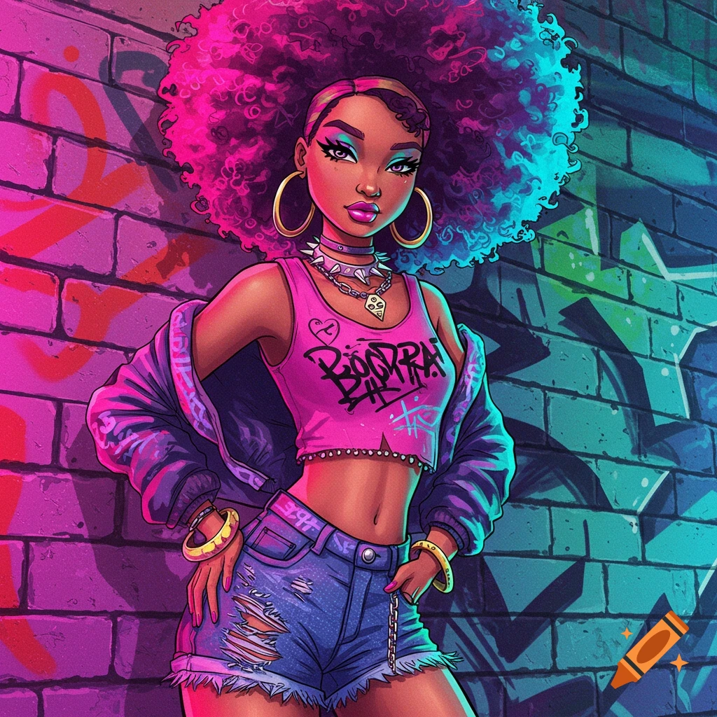Stylized art of a woman with colorful afro hair, crop top, and ripped shorts leaning against a graffiti brick wall