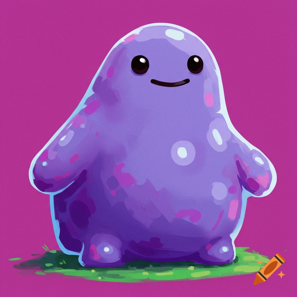 A stylized illustration of a cute purple blob character with a simple face, standing on grass.