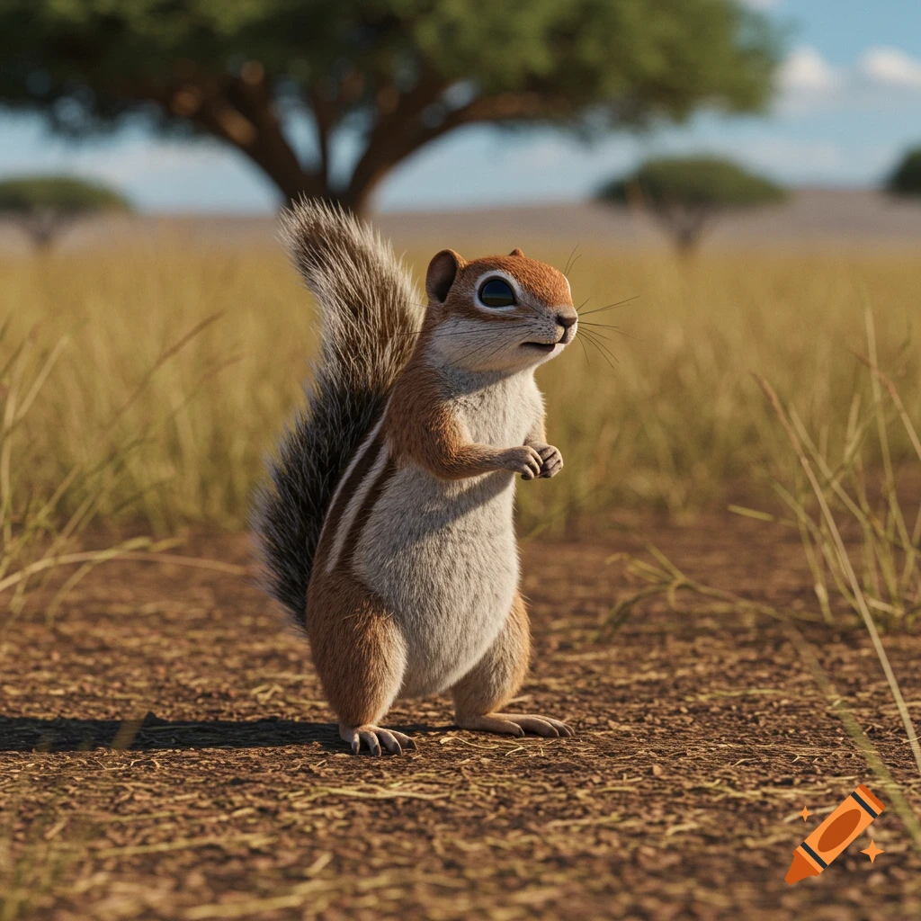 A small rodent stands on dirt in a grassy savanna landscape. Animated style.