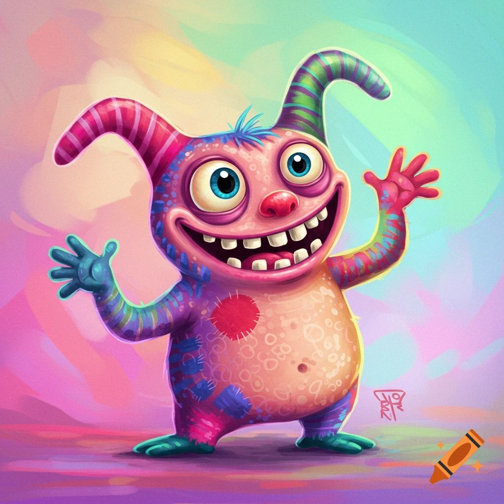 A colorful, cartoon monster with a big smile waves.