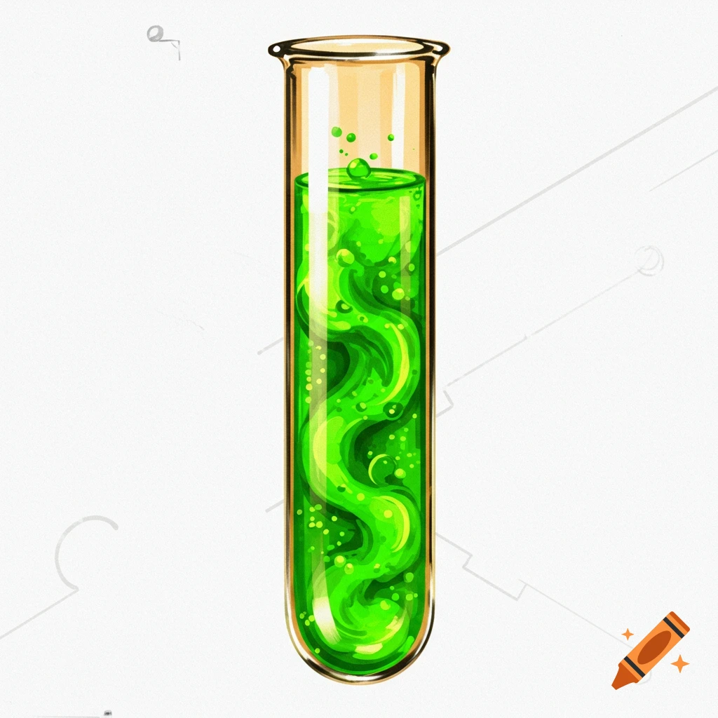 An illustration of a test tube filled with bright green liquid and bubbles.