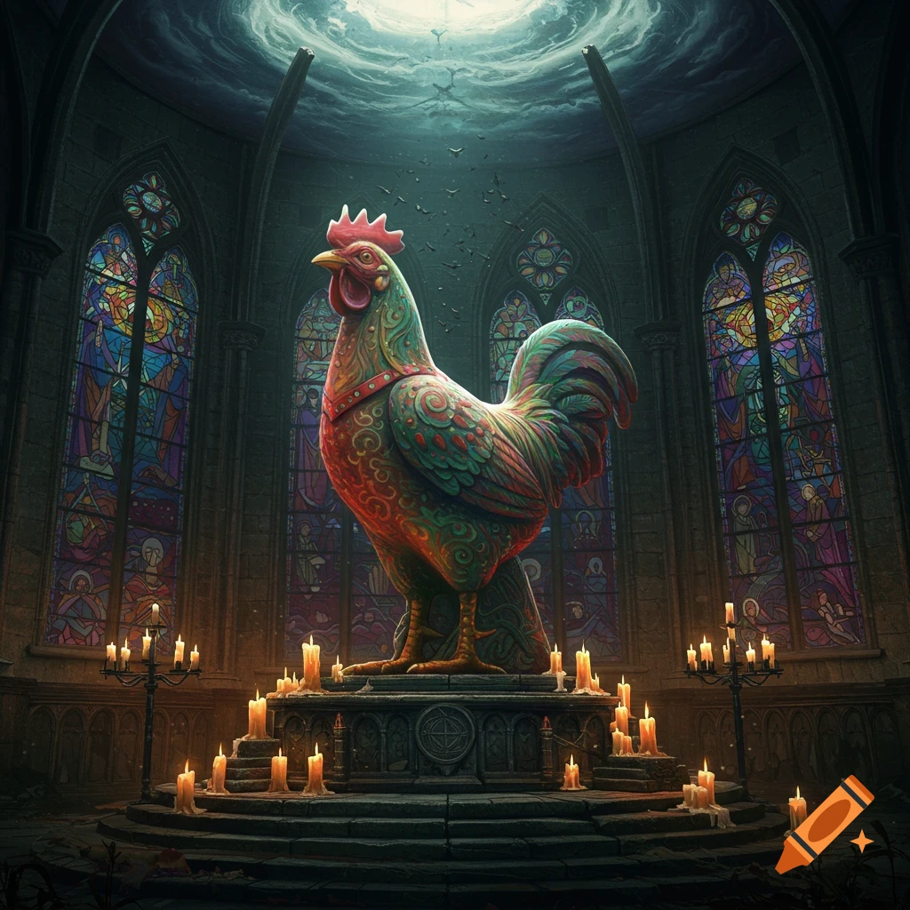 Large, colorful rooster statue on an altar in a dark gothic building with candles and stained glass windows.