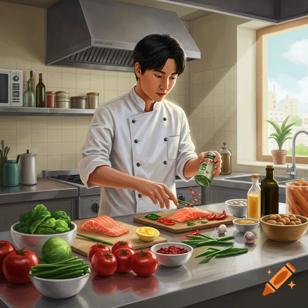 A person in a chef's coat prepares food in a kitchen, illustrated.