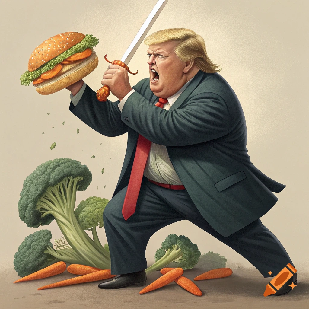 Caricature of Donald Trump fighting broccoli and carrots with a burger sword