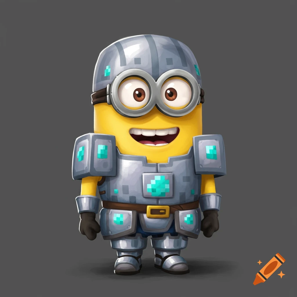 A Minion character wears gray armor with pixelated light blue details, smiling.