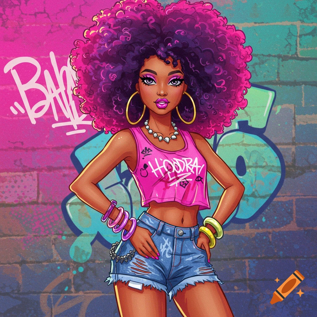 Cartoon illustration of a woman with a pink afro, crop top, shorts, and jewelry standing in front of a graffiti wall.