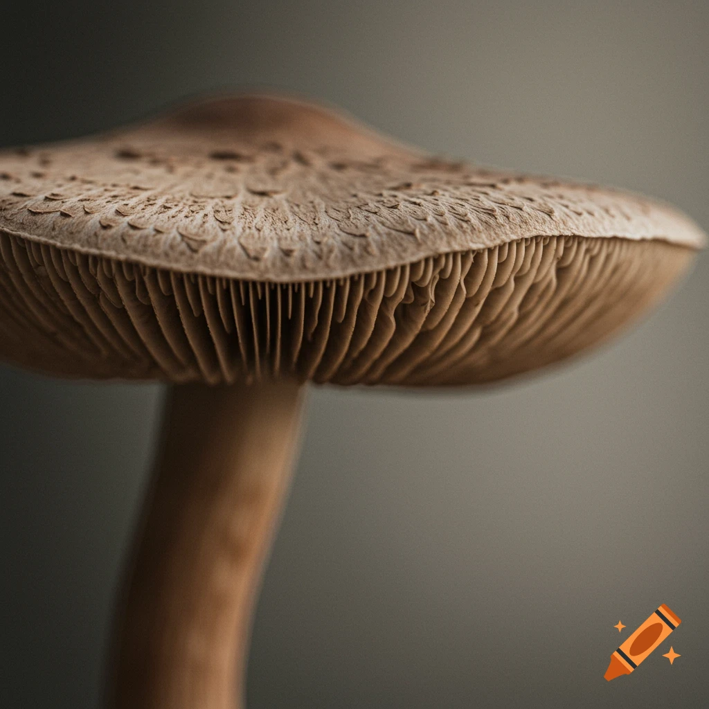 Close-up of the underside of a brown mushroom cap showing gills and stem, photorealistic style.