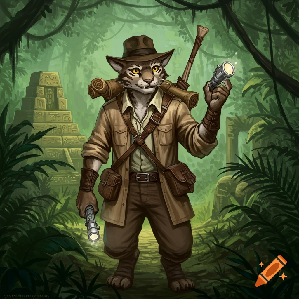 A cat-like humanoid adventurer stands in a jungle with ancient ruins, holding two flashlights.