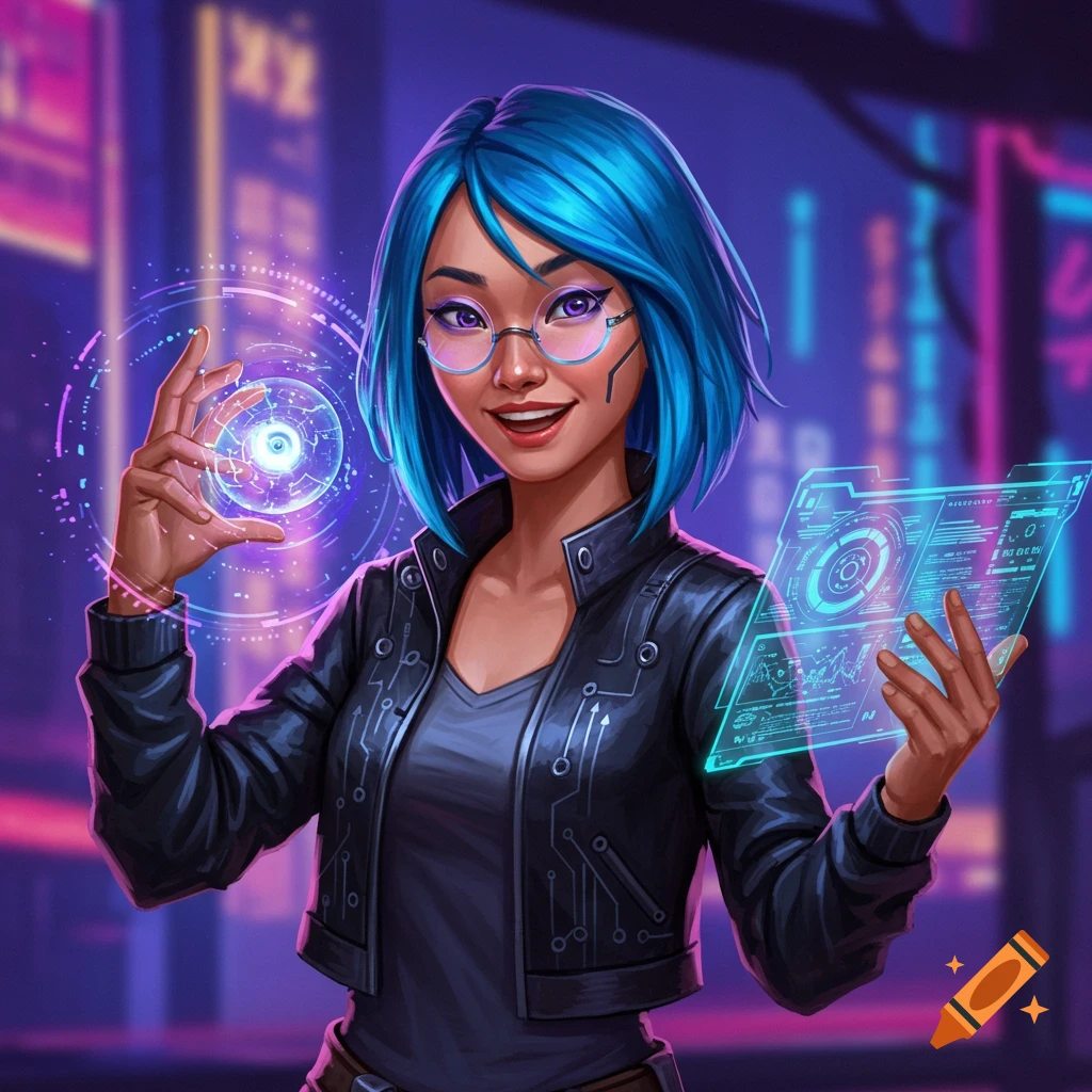 An illustration of a smiling woman with blue hair holding futuristic holographic displays in a neon city.