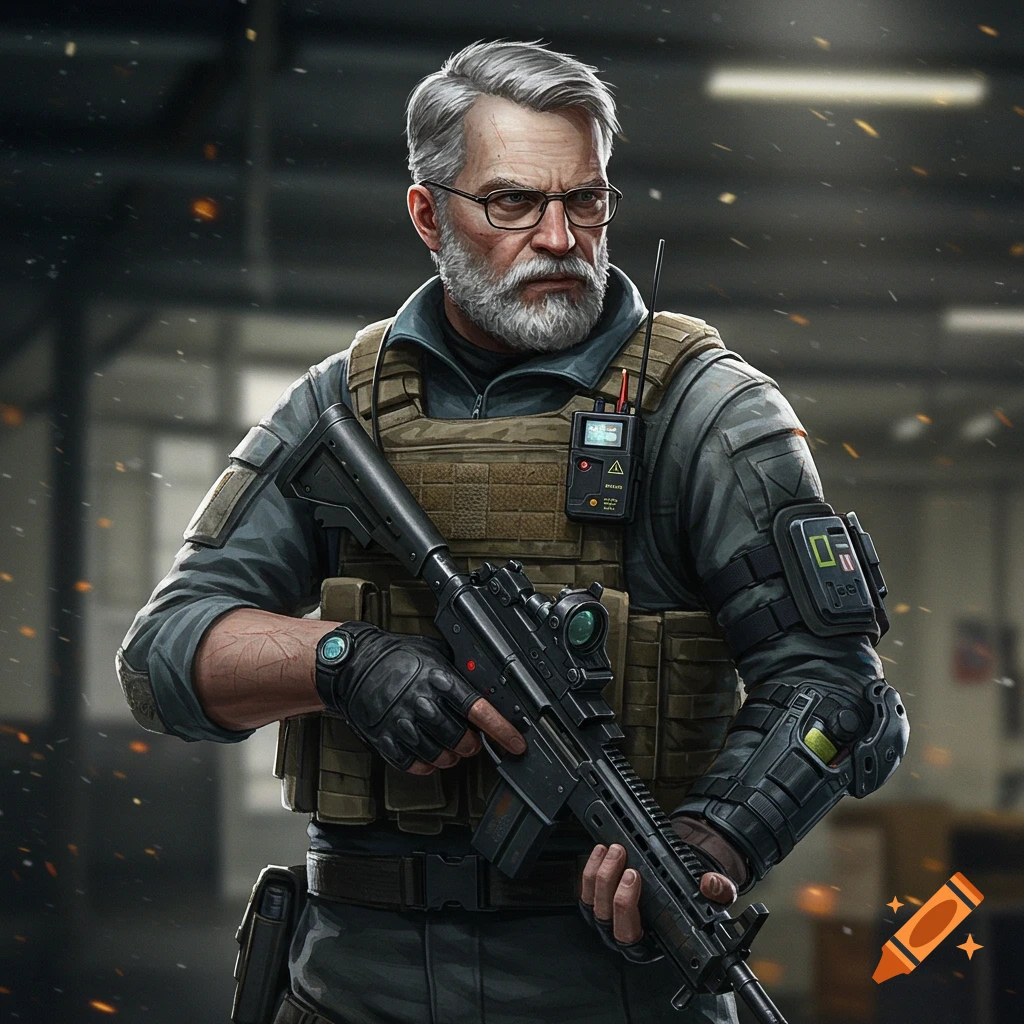 Realistic illustration of a man in tactical gear with a beard and glasses, holding a rifle.