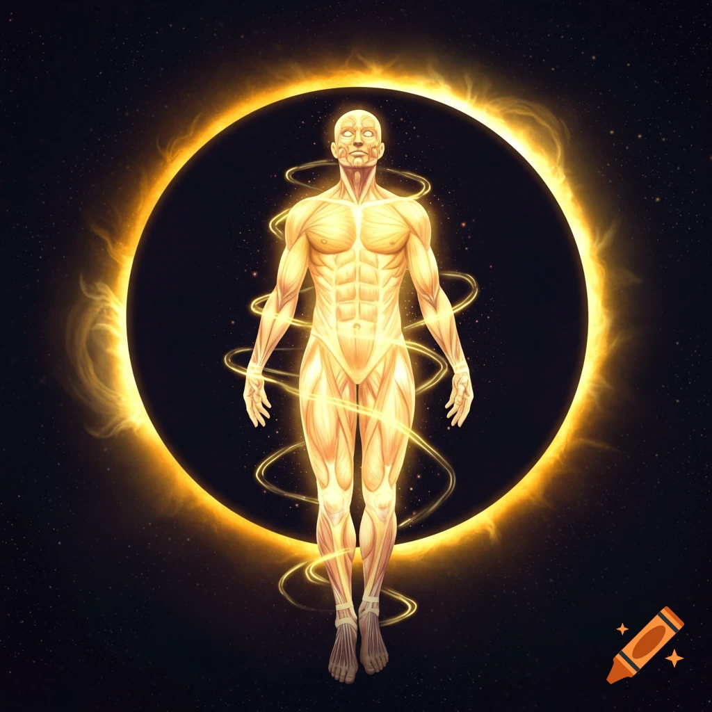 A glowing, muscular figure floats before a solar eclipse in space.