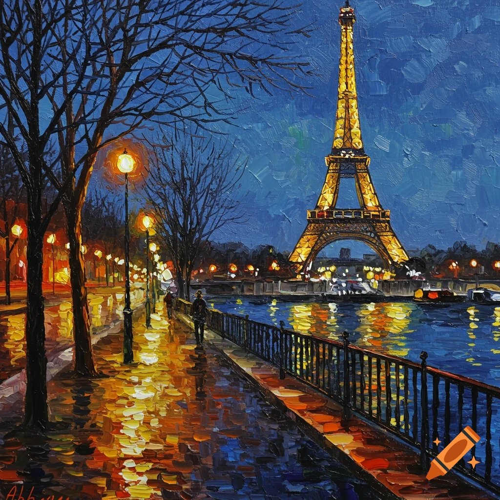 Impressionist painting of the Eiffel Tower at night from a wet sidewalk along the river with streetlights and trees.