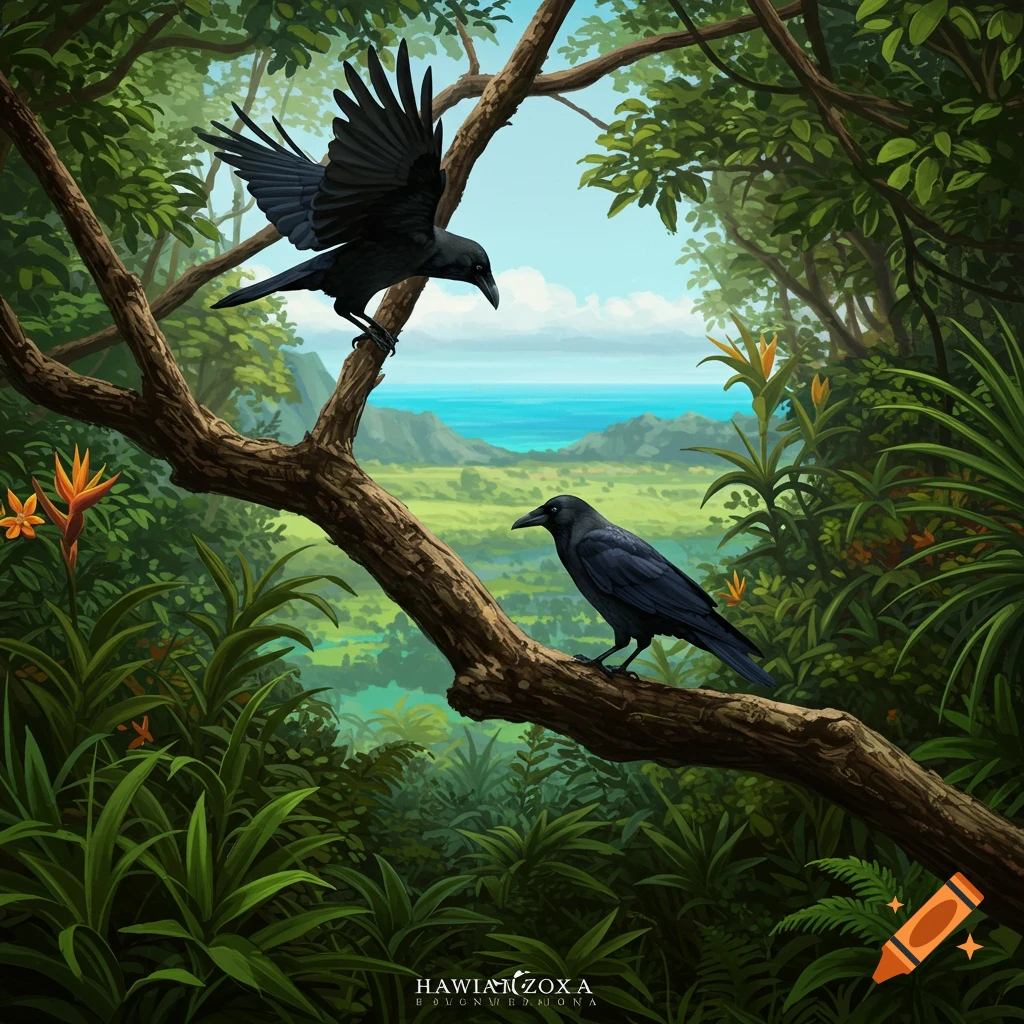Illustration of two black crows perched on a branch in a lush forest overlooking a tropical landscape with ocean and mountains.
