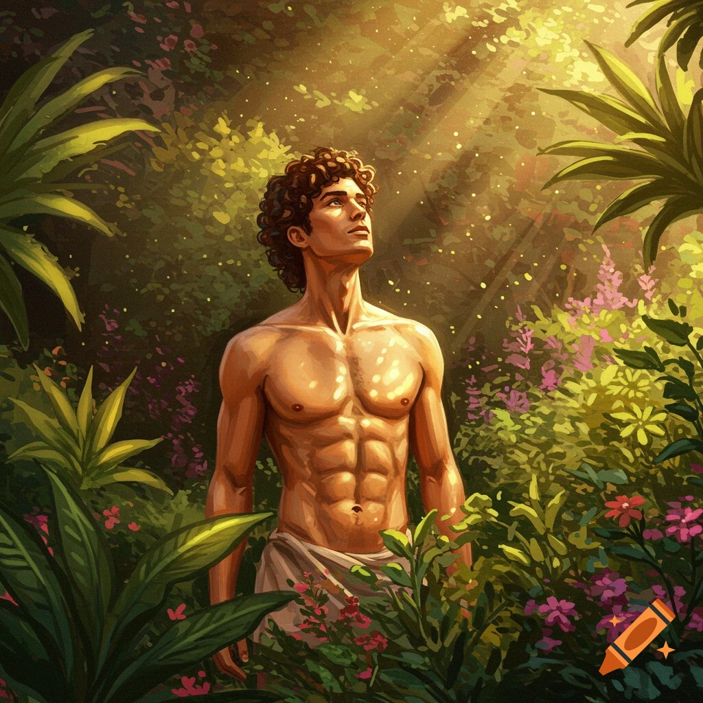 Muscular man looks up at sunlight in lush, vibrant garden. Painting.