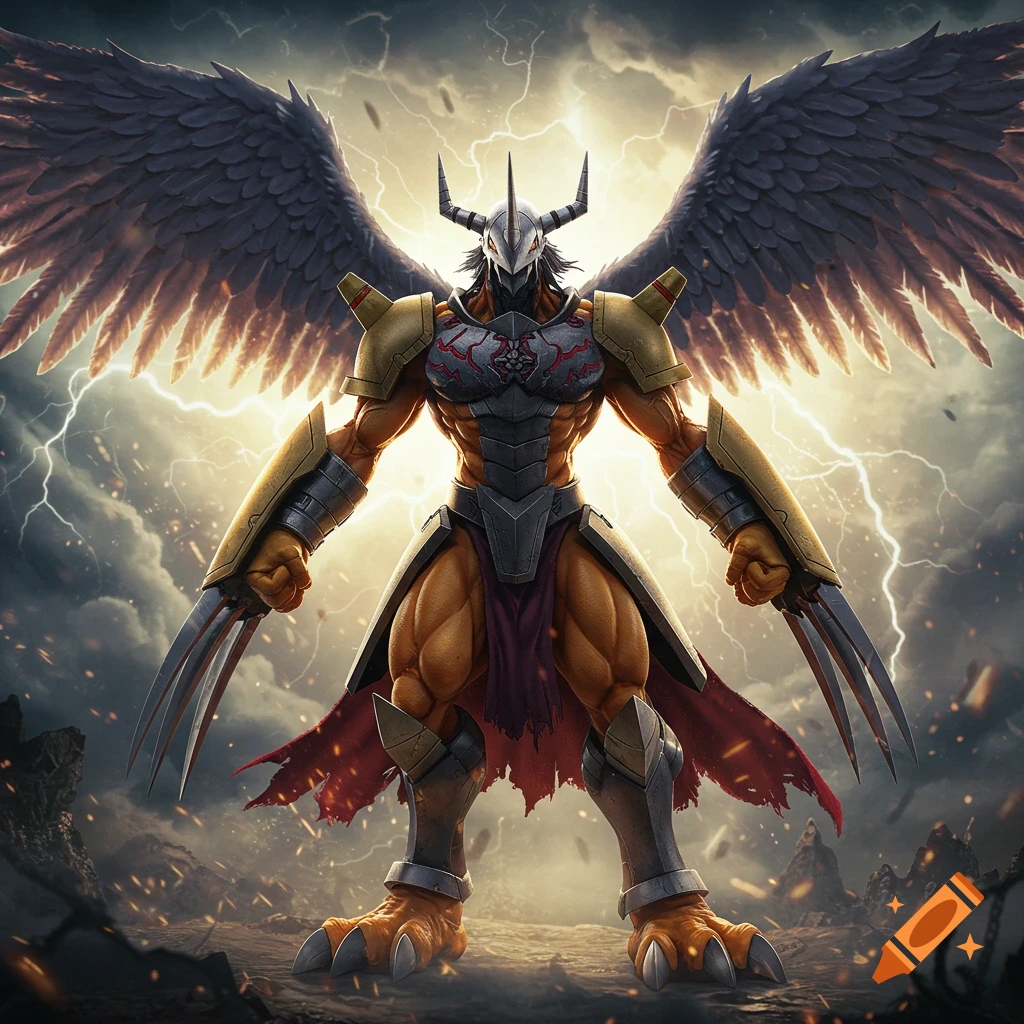 WarGreymon Digimon stands powerfully with wings and claws against a stormy, lightning-filled sky