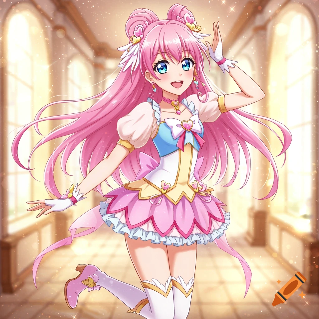 Anime girl with pink hair in a frilly dress posing in a bright hall
