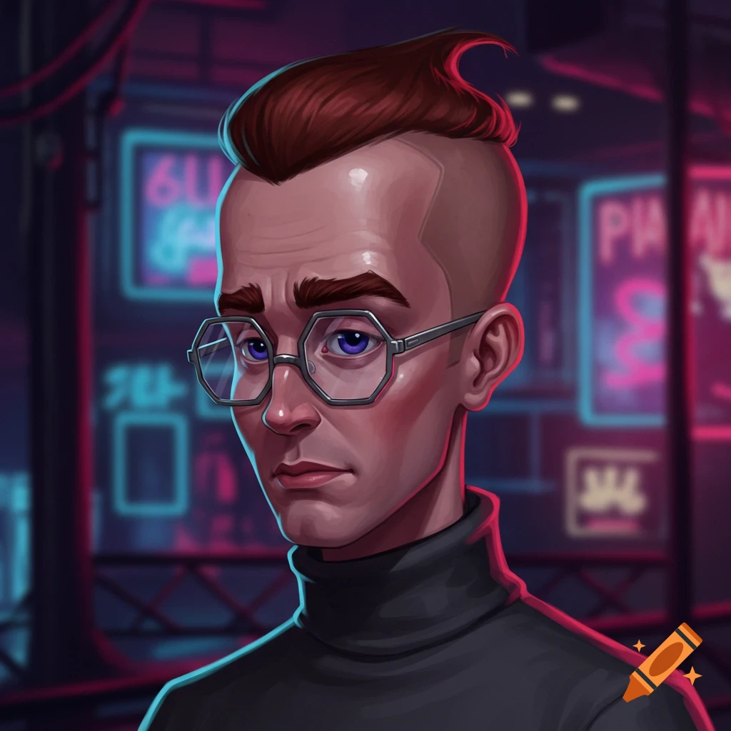 Portrait of a man with a unique hairstyle and glasses in front of a neon-lit cyberpunk cityscape.