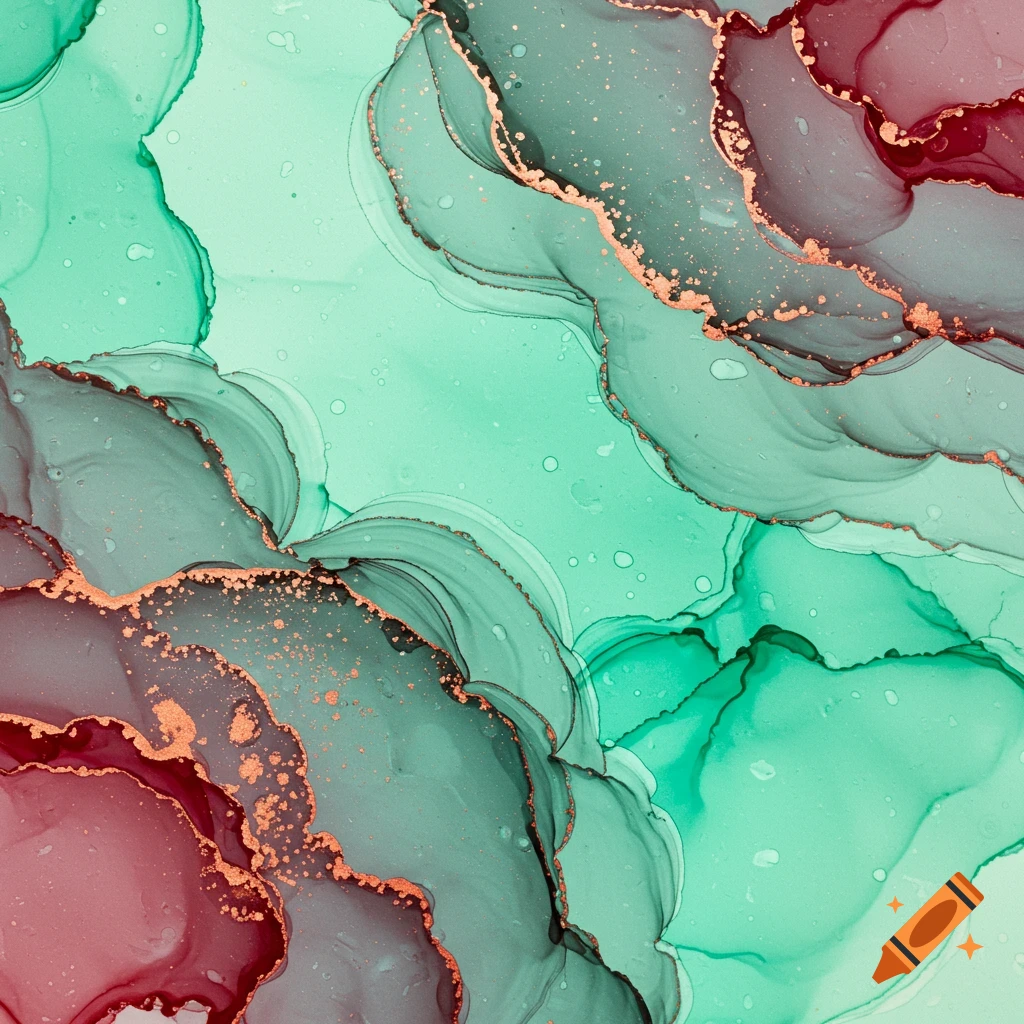 Abstract alcohol ink painting with swirling mint green, teal, red, and copper lines.